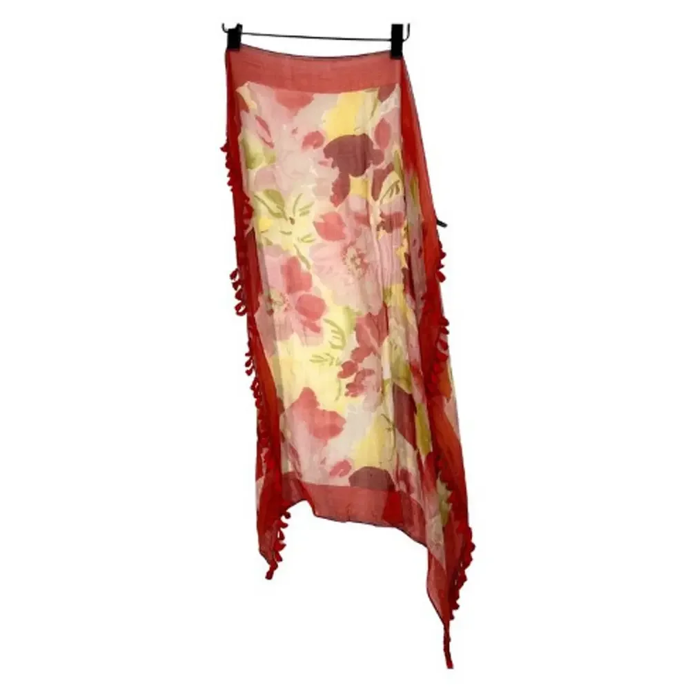 Talbots Red Floral Tassel Scarf 71x27 Silk‎ Wool Cashmere Blend Lightweight Wrap